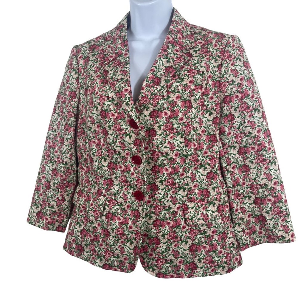 Talbots Floral Blazer Pink Green Rose Print Button Up Jacket Womens 10